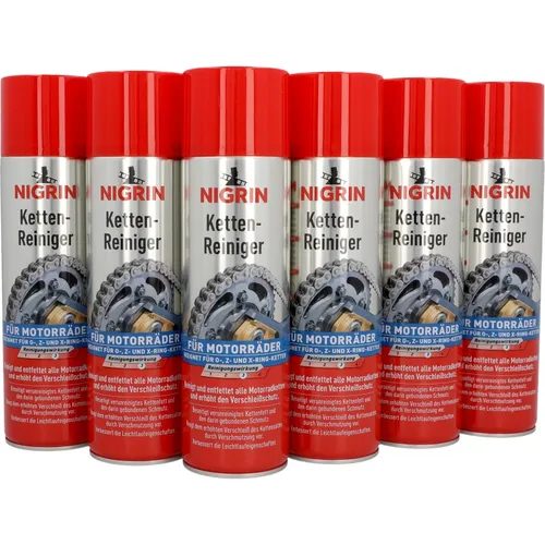 Kettenreiniger Motorrad NIGRIN 73889 - 6x 500ml Ketten Spray Reiniger - Sonstige, effektive Kettenpflege für optimale Leistung und Langlebigkeit Ihrer Motorradkette, 3 L Gesamtmenge für lange Nutzung.