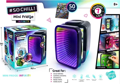 CANAL TOYS INF 041 - Mini Fridge Infinity - Vielseitiger Mini Kühlschrank für Skincare und Drinks, mit LED-Spiegel und personalisierbaren Stickern. Energiesparend und USB-betrieben – ideal für Schreibtisch oder Auto.