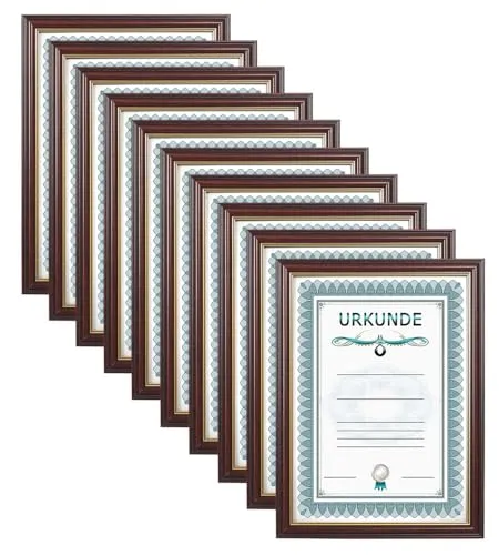 Dokument Bilderrahmen DIN A4 - 10er Pack Mahagoni - Stylischer Urkundenrahmen im DIN A4-Format mit klarem Glas für optimalen Schutz. Ideal für Büro und Zuhause, flexibel im Hoch- oder Querformat einsetzbar. Setzen Sie Ihre Erfolge elegant in Szene!