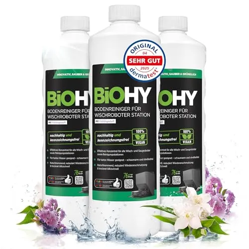 BiOHY Bodenreiniger für Wischroboter Station mit Frühlingsduft (3 x 1 Liter) | Reinigungsmittel Konzentrat für alle Wisch & Saugroboter mit Nass-Funktion | Schaumarm & Streifenfrei | Für alle Böden