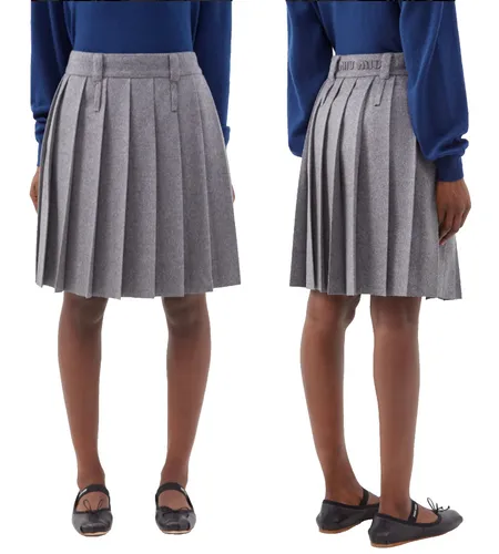 Miu Miu Midirock Faltenrock Rock Plissee Wool Cashmere Pleated Midi Knee Skirt Gürtelschlaufen-Feine Logostickerei auf der Rückseite grau DE40/IT44