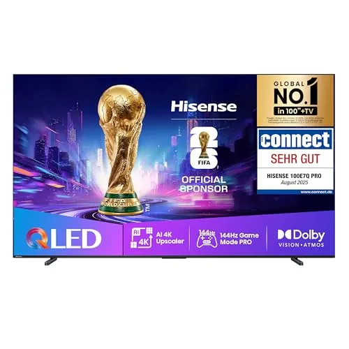 Hisense 100E7Q PRO QLED 4K TV 253 cm (100") - Induktionskochfelder mit 4K UHD, lebendigen Farben und Dolby Atmos für ein beeindruckendes Home-Entertainment-Erlebnis.