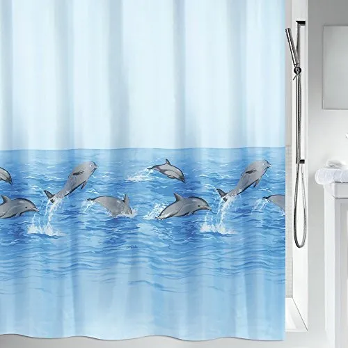 spirella Duschvorhang Delfine 180x200cm - Duschvorhang aus 100% Polyester, antibakteriell und schimmelresistent, ideal für eine hygienische Dusche. Mit Saum-Beschwerungsband und verstärkten Ösen für optimale Stabilität.