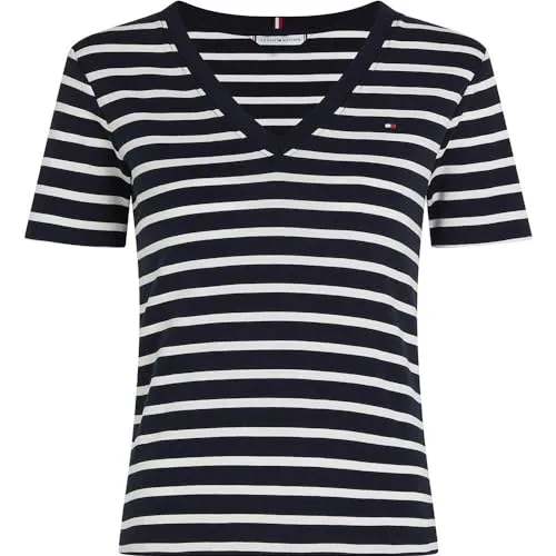 Tommy Hilfiger Damen T-Shirt Kurzarm New Slim Cody mit V-Ausschnitt, Mehrfarbig (Nos Breton Desert Sky/Ecru), XXS - KOMFORTABEL & STILVOLL: Das kurzärmelige T-Shirt aus 100% Baumwolle bietet optimalen Tragekomfort und passt ideal zu jedem Freizeit-Look. Das Tommy Hilfiger Branding rundet das lässige Design perfekt ab.