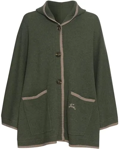 Reitmayer Poncho mit Kapuze Grün/Beige, XL - Hochwertiger Poncho aus reiner Merino-Lammwolle, ideal für kalte Tage. Mit praktischen großen Taschen und stilvollem Hirschmotiv. Perfekt für den Alltag und die Freizeit.