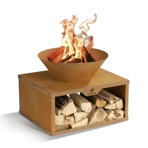 Landmann Feuerschale - Braun, Metall, 60x50x54 cm - Grillzubehör mit Ablage für Holz und hitzebeständigem Material, ideal für gemütliche Abende im Freien beim Camping oder im Garten.