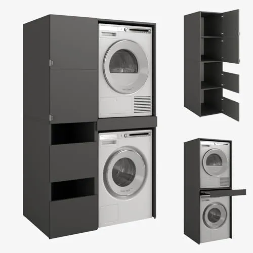 PLATAN ROOM Hochschrank Badschrank für Waschmaschine & Trockner – 187 x 65 x 45/66 cm in Anthrazit - Maximale Stabilität durch massive 18 mm Konstruktion. Flexibel montierbare Tür und innovativer Wäscheeinwurf für Ordnung im Bad. Ideal für schmale Nischen mit viel Stauraum.