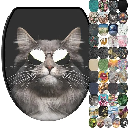 Sanilo WC-Sitz Cool Cat mit Absenkautomatik - WC-Sitz in ovaler Form, mit SoftClose-Funktion und einem einzigartigen Katzenmotiv. Optimal für Badezimmer, die Stil und Komfort vereinen. Maße: 37,7 x 42,0 - 47,0 cm.