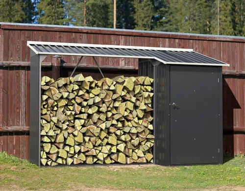 Duramax Kaminholzregal mit Aufbewahrungsschrank - Aschesauger und praktisches Kaminholzregal in einem, ideal für eine ordentliche Aufbewahrung von Holz und Asche.