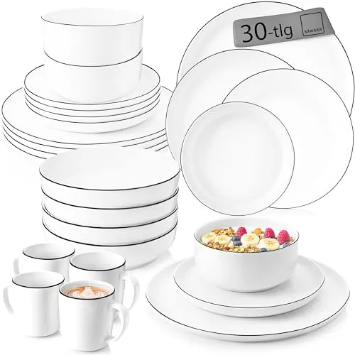 SÄNGER Kombiservice Marlo Black Rim 30tlg für 6 Personen - Kaffeeservice aus hochwertigem Porzellan mit modernem Design, ideal für stilvolle Dinner mit Freunden und Familie.