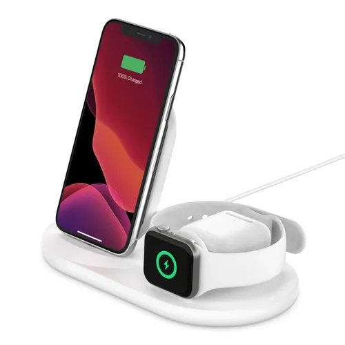 Belkin 3-in-1 Ladestation für Apple Watch/iPhone, Weiß - Handy Ladegeräte - Elegante 3-in-1-Ladestation für schnelles, kabelloses Laden von iPhone, Apple Watch und AirPods, ideal für Ihr Homeoffice oder Nachttisch.