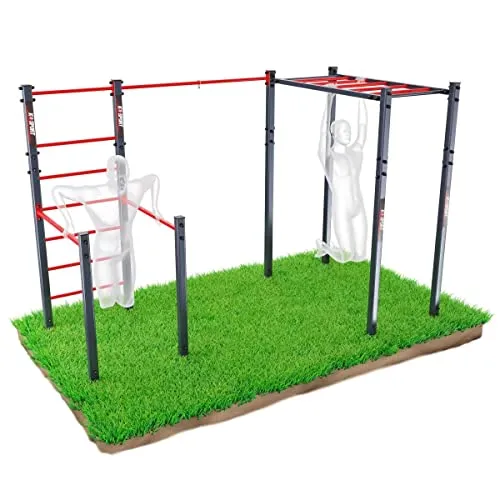 K-Sport Calesthenics Turnstange für den Garten - Klimmzugstangen: Wetterfeste Kraftstation für bis zu 150 kg, ideal für Muskelaufbau und Ausdauertraining mit verstellbarer Dip-Stange und Boxsack-Haken.