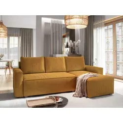 Masseno Ecksofa POTARO mit Schlaffunktion und Bettkasten - Ecksofa mit Schlaffunktion und praktischem Stauraum, elegantes Design in Gelb, ideal für stilvolle Wohnzimmer und überraschende Übernachtungsgäste.