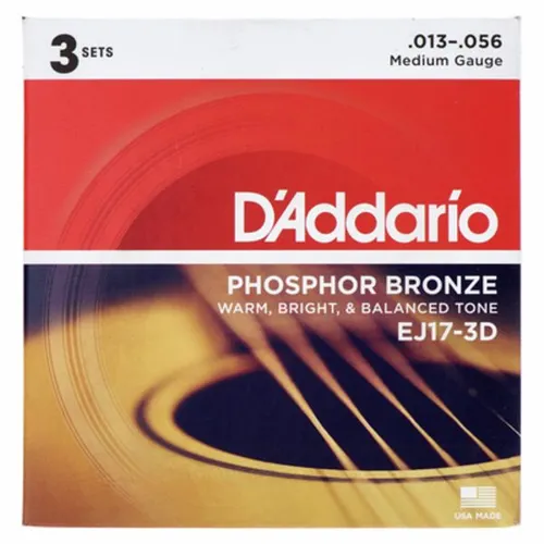 Daddario EJ17-3D Saiten Set für Westerngitarre - Akustikgitarren-Saiten, Pack mit 3 Sätzen, Phosphor Bronze für klaren, brillanten Ton und hohe Langlebigkeit, ideal für leidenschaftliche Musiker.