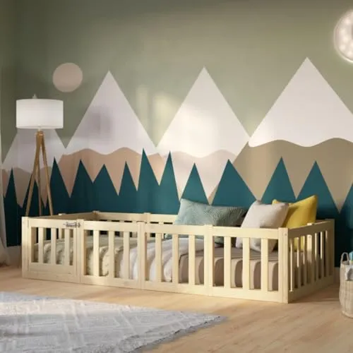 Crazy Pine Kinderbett 140x190 cm – Montessori Bodenbett mit Rausfallschutz 40cm und Öffnbarer Barriere - Natürlichem Holz mit Glatter Oberfläche - Perfekt für Jungen und Mädchen Crazy Johnny