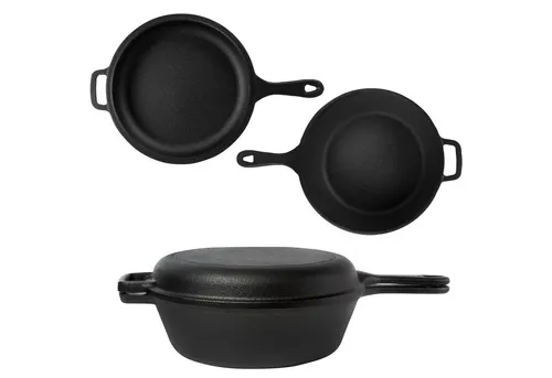 osoltus Kombi Topf Gusseisen 26cm - 3 Liter 2 Teile - Pfannen - Langlebiges Gusseisen-Kochgeschirr, ideal zum gleichzeitigen Kochen und Braten, sofort gebrauchsfertig mit einem vielseitigen Deckel, der auch als Grillpfanne dient.