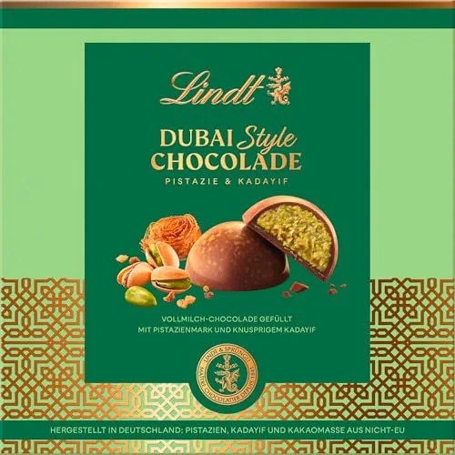 Lindt Dubai Style Pralinen mit Pistazien und Engelshaar 40g - Marzipan & Pralinen: Exquisite Pralinen mit orientalischer Pistazien-Engelshaar-Füllung, umhüllt von feiner Lindt Vollmilch-Schokolade – ideal zum Verschenken oder Selbstverwöhnen.