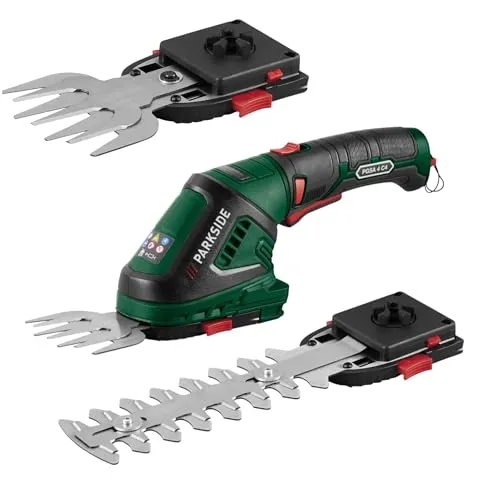 Parkside PGSA 4 Akku-Gras- und Strauchschere - Heckenscheren mit 2-in-1 Funktion für präzise Rasenkanten und Sträucher, ergonomischer Softgriff, leistungsstarker Lithium-Ionen-Akku für bis zu 60 Minuten Laufzeit.