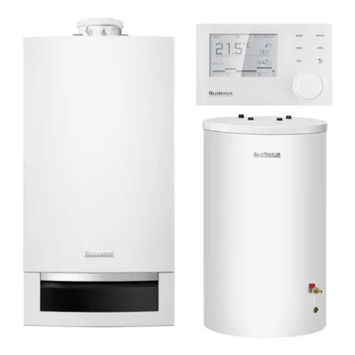 BUDERUS Logaplus W22A Gas-Brennwertgerät Komplettset | 24 kW - Gasheizung mit Logamax plus GB172-24, Warmwasserspeicher Logalux S120.5 und RC310 Bedieneinheit für effiziente Heizlösungen.