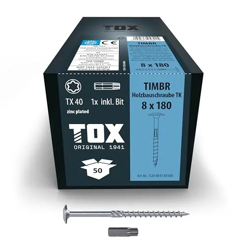 Tox TIMBR 8,0 x 180 TK - Hochwertige Holzschrauben - Schrauben für Holzverbindungen, optimale Festigkeit und Korrosionsschutz, ideal für den professionellen Einsatz im Bauwesen.