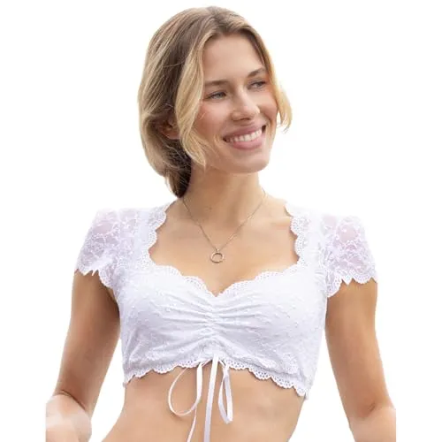 Nina von C. Dirndl-Bluse Kurzarm für Damen - Romantische Dirndlbluse in weißer Spitze mit Wellenabschluss, perfekt für Oktoberfest. Bequem und knitterarm mit floralem Muster und elastischen Ärmeln.