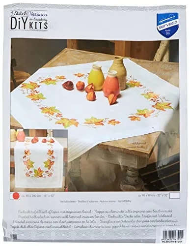 VERVACO Stickpackung Kreuzstich Set Vorgedruckt Tischläufer HerbstBlätter Stickdecken Vorgezeichnet DIY Basteln Erwachsene Kreativ Stickläufer zum Selbersticken 40 x 100 cm Stickset