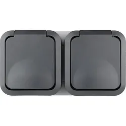 AquaStorm 2-fach Steckdose Waagrecht grau - IP55 für Innen und Außen - Die AquaStorm 2-fach Steckdose in grau ist ideal für Waschküche, Keller und Terrasse. Mit IP55 Schutzart und Klappdeckel bietet sie zuverlässigen Schutz und einfache Montage für vielseitige Anwendungen.