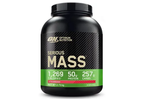 Mass Gainer Serious Mass Erbeere 2.7kg - Hochkalorischer Muskelaufbau - Mass Gainer für effektiven Muskelaufbau mit 1.263 kcal pro Portion, 50 g Eiweiß, 257 g Kohlenhydraten und 3 g Kreatin. Ideal für Sportler, die schnell Masse zulegen möchten.