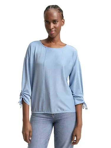 Tom Tailor Denim Damen Loose Fit Longsleeve - Gestreiftes Shirt mit Raffarm - Blusen & Tuniken für Damen, lässige Passform mit Ziernaht und Bindedetail am Ärmelsaum für einen modischen Look.