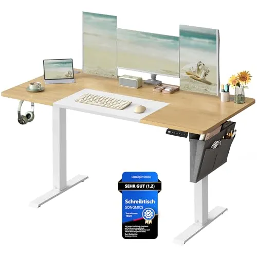 SONGMICS Höhenverstellbarer Schreibtisch elektrisch, 140 x 60 cm, stufenlos verstellbar, Memory-Funktion mit 4 Höhen, natureichenfarben-mattweiß LSD016N01