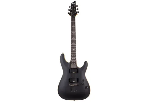 Schecter Demon-6 Satin Black E-Gitarre - E-Gitarre mit Linde Korpus und Ahorn Hals, ausgestattet mit aktiven Schecter Diamond Tonabnehmern für kraftvollen Sound und ideal für Rock- und Metal-Genres.
