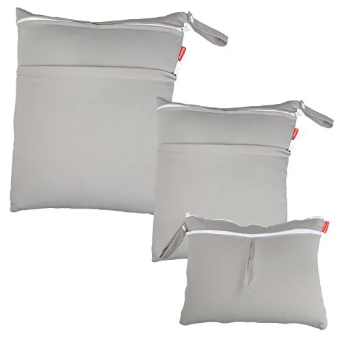 Damero Wetbag Stoffwindeln, Wickeltasche Baby Wiederverwendbar, 3 Stücke Nasstasche Stoffwindeln, Waschbar Organizer Beutel für Mädchen Jungen, Grau