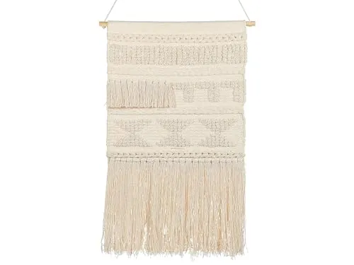 Handgemachter Boho Wandbehang Kamoke aus Baumwolle - Wandbehänge für Erwachsene, stilvoller beige Farbton mit Fransen, ideal für ein gemütliches Wohnzimmer-Ambiente. Maße: 51 x 103 cm.