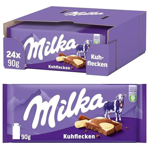 Milka Kuhflecken Tafelschokolade 90 g - 24er Pack - Schokolade, zartschmelzend aus 100% Alpenmilch mit lustigen Kuhflecken. Immer griffbereit aus der praktischen Großpackung für unvergesslichen Genuss!