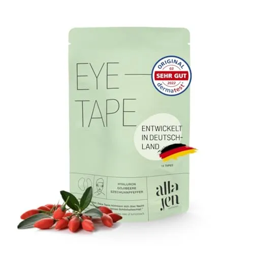 alla/jen - Hyaluron-Skintape "Eye Tape" mit Gojibeere & Szechuanpfeffer - Entdecke die innovative Lösung für eine glatte Augenpartie! Die kinesiologischen Tapes fördern die Durchblutung und unterstützen die Hautpflege über Nacht. Für einen erfrischten Look ohne Falten am Morgen.