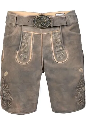 Edelnice Trachtenmode Kurze Wildbock Lederhose Kare grau - Trachtenlederhose für Herren aus hochwertigem Wildbockleder, mit aufwendiger Stickerei und praktischem Gürtel. Ideal für Oktoberfest und festliche Anlässe.