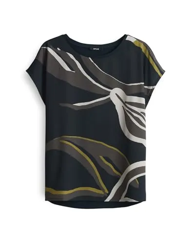 OPUS Damen Kurzarmshirt SOPIKA Print | Fließendes Materialmix in Coal Blue - T-Shirts für Damen mit eleganter, lockerer Passform und hochwertigen Lenzing Ecovero Materialien für angenehmen Tragekomfort und zeitlosen Stil.