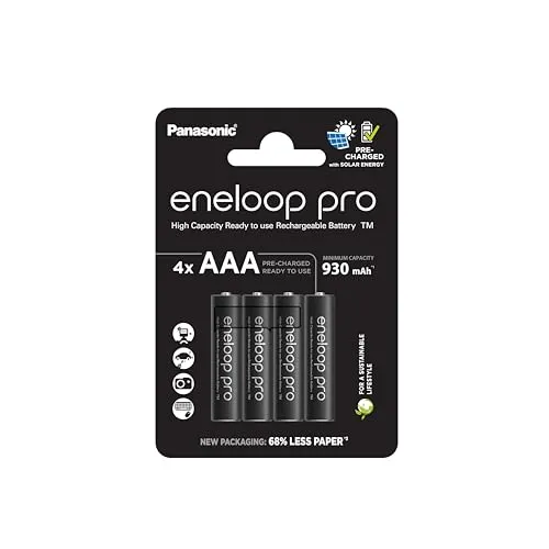 eneloop pro AAA/Micro NI-MH Akku 4er-Pack - Umweltfreundliche eneloop pro Akkus mit 930 mAh, sofort einsatzbereit und bis zu 500 Mal wiederaufladbar. Ideal für Geräte mit hohem Energiebedarf und geringe Selbstentladung.