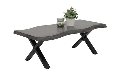 Hela Couchtisch Gerd mit Baumkante - Kaffeetisch mit einzigartiger Baumkantendesign, stabilen X-Metallgestell in Schwarz und melaminbeschichteter Wabenplatte in Akazie Grau, ideal für stilvolle Wohnzimmer.