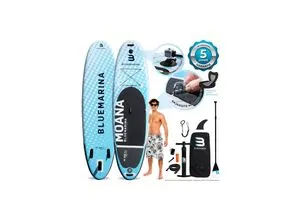 Bluemarina SUP Board Moana - Aufblasbar mit Double Layer und Zubehör - Surfen & Kitesurfen: Extrem robustes, aufblasbares SUP Board mit Paddel, Pumpe und Rucksack – ideal für Freizeit-Spaß auf dem Wasser und 5 Jahre Garantie!