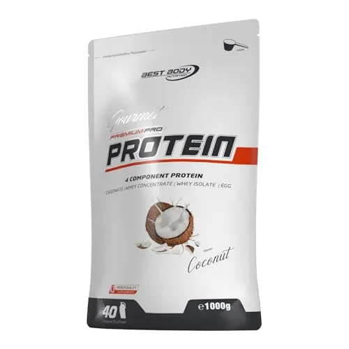 Best Body Nutrition Gourmet Premium Pro 1000g - Cocos - Sportnahrung mit 4 Komponenten Protein (Whey Isolat, Konzentrat, Milch, Ei), aspartamfrei und mit praktischem Dosierlöffel, ideal für Muskelaufbau und Regeneration.