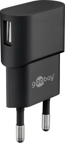 GOOBAY 44947 USB-Ladegerät 5V 1000mA schwarz - Kompaktes USB-Ladegerät mit 1x USB-Buchse, ideal für Smartphones und Kameras. Schnelles Laden an Steckdosen weltweit (100V-240V) möglich.