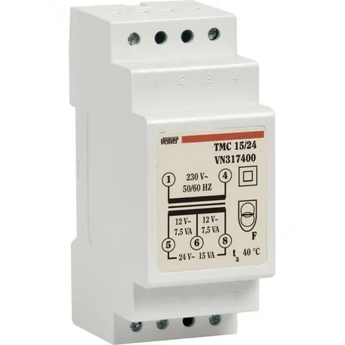 VEMER VN317400 TMC 15/24 - Hutschienen-Transformator 15VA - Transformator für Hutschienen mit Primärspannung 230V und flexibler Sekundärspannung von 12-24V, ideal für vielseitige Anwendungen.