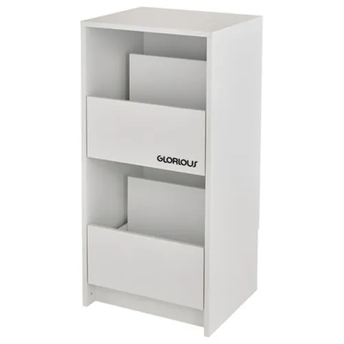 Glorious Vinyl Vault White - Schubladenwagen für bis zu 160 Schallplatten im 12" Format; eleganter weißer Schallplattenschrank mit Soft-Closing-Schubladen und einfachem Aufbau für stilvolle Ordnung und Präsentation.