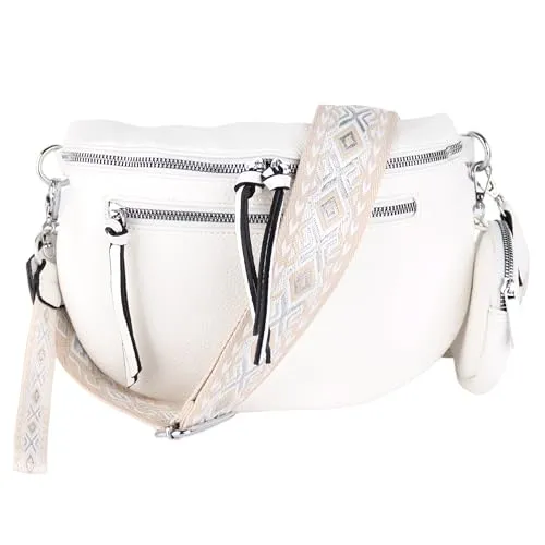 MIRROSI® Bauchtasche Damen aus Veganleder, 30x20x9cm, Bohemian Style (Weiß) - Stylische Bauchtasche aus veganem Leder mit breitem Schultergurt (5 cm). Inklusive Schlüsselband und Münzenbeutel. Ideal für vielseitige Einsätze und höchste Verarbeitungsqualität.