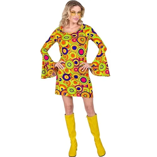 W WIDMANN MILANO Party Fashion - 70er Jahre Disco Kostüm, sexy Dancing Queen Kleid mit auffälligen bunten Kreisen und Trompetenärmel für Karneval und Mottopartys