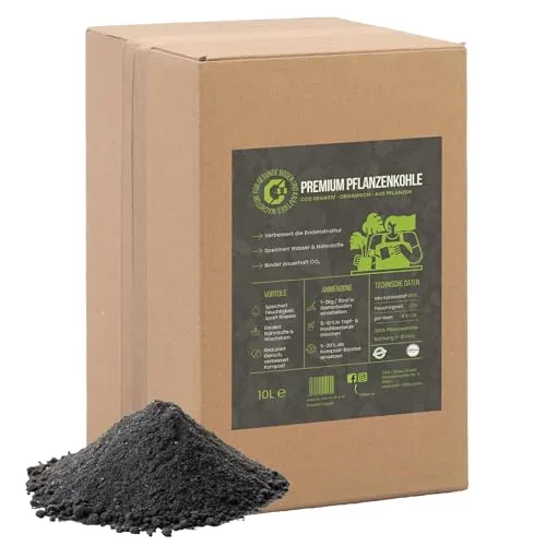 C44-10L Premium Pflanzenkohle - EBC-zertifiziertes Biochar für Garten, Rasen & Hochbeet - Basis für Terra Preta - Hochporöser Bodenverbesserer & Nährstoffspeicher
