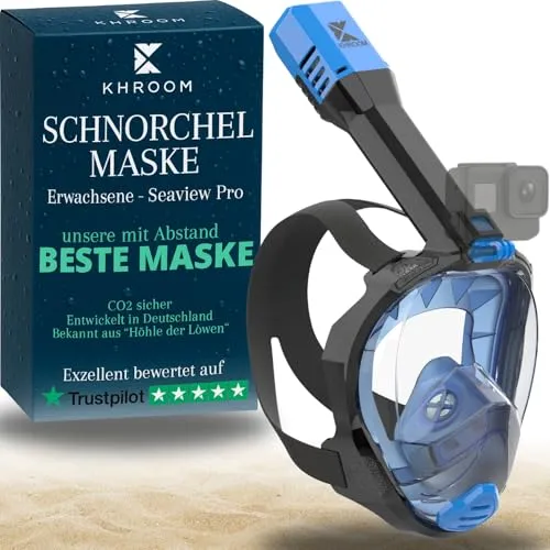 Khroom Seaview Pro Schnorchelmaske Erwachsene | CO2 sichere Vollmaske für unvergessliches Schnorcheln | Fullface Tauchermaske (S/M, Blau) - Erlebe das Schnorcheln neu mit der Seaview Pro Vollmaske, die einen 3x größeren Lufteinlass bietet. Der breite Silikonrahmen sorgt für höchsten Komfort und klare Sicht dank Anti-Beschlag-Technologie. Ideal für Abenteuer unter Wasser!