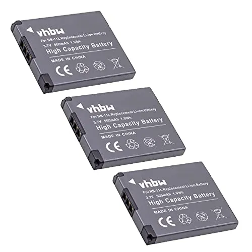 vhbw 3X Akku kompatibel mit Canon IXUS 185, 165, 275 HS, 160, 320 HS, 245 HS, 240 HS, 190, 265, 170, 157 Kamera (500 mAh, 3,7 V, Li-Ion)