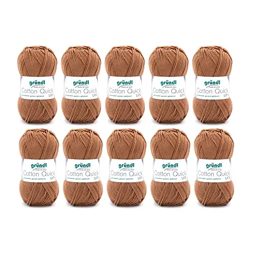 Gründl Wolle Cotton Quick uni - Wolle zum Häkeln aus 100% Baumwolle - Wolle zum Stricken - glänzendes Baumwollgarn 10 Knäuel 50 g / 125 m - Caramell
